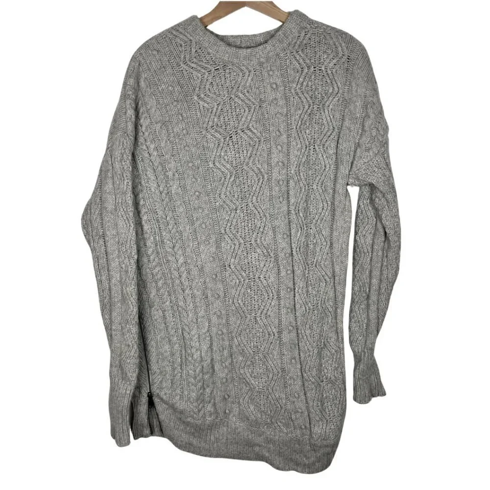 JCREW Size Medium 100% Wool Cable Knit Fisherman Asymmetrical Zip Gray Sweater